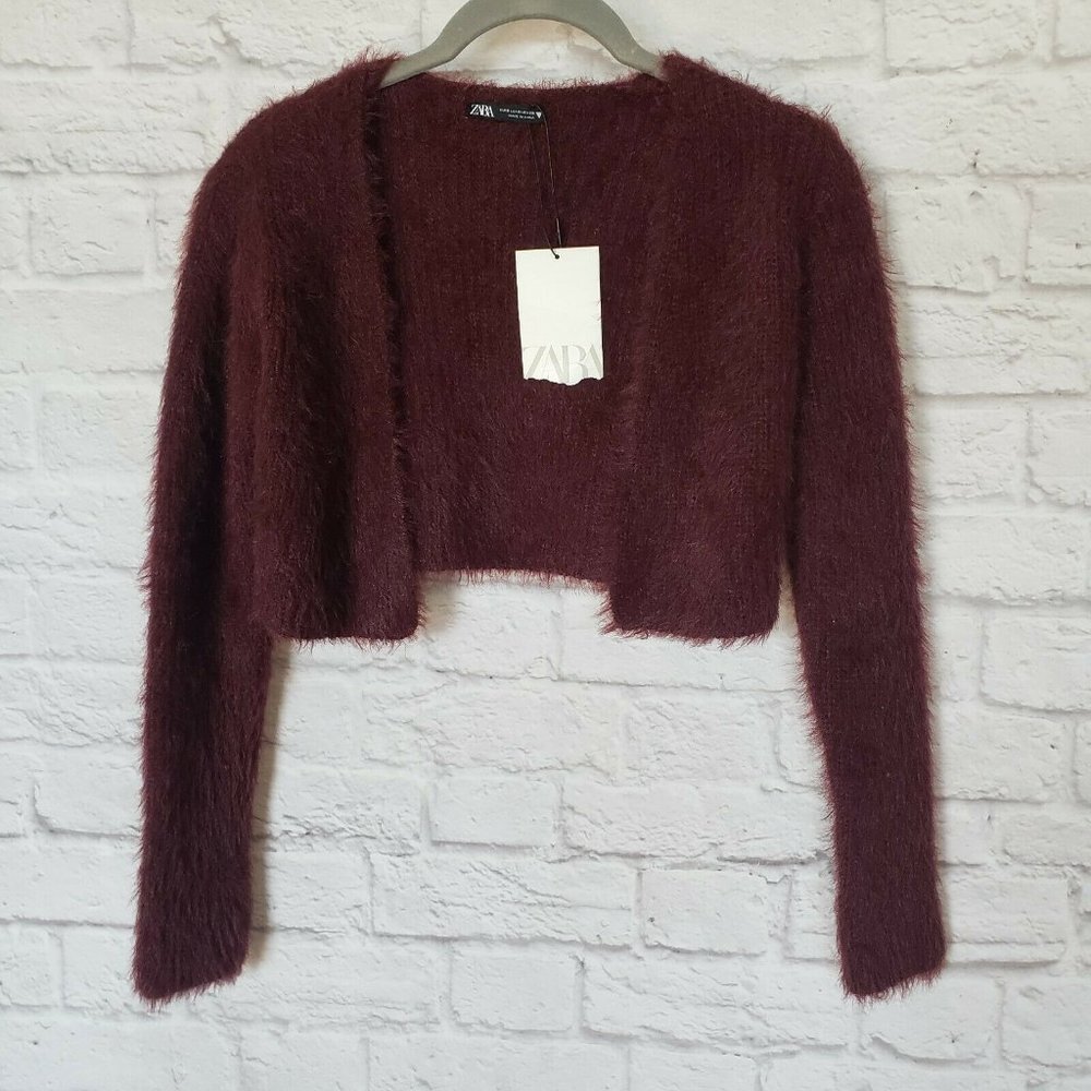 ZARA Soft Touch Cranberry Fluffy Bolero Shrug Cardigan NWT